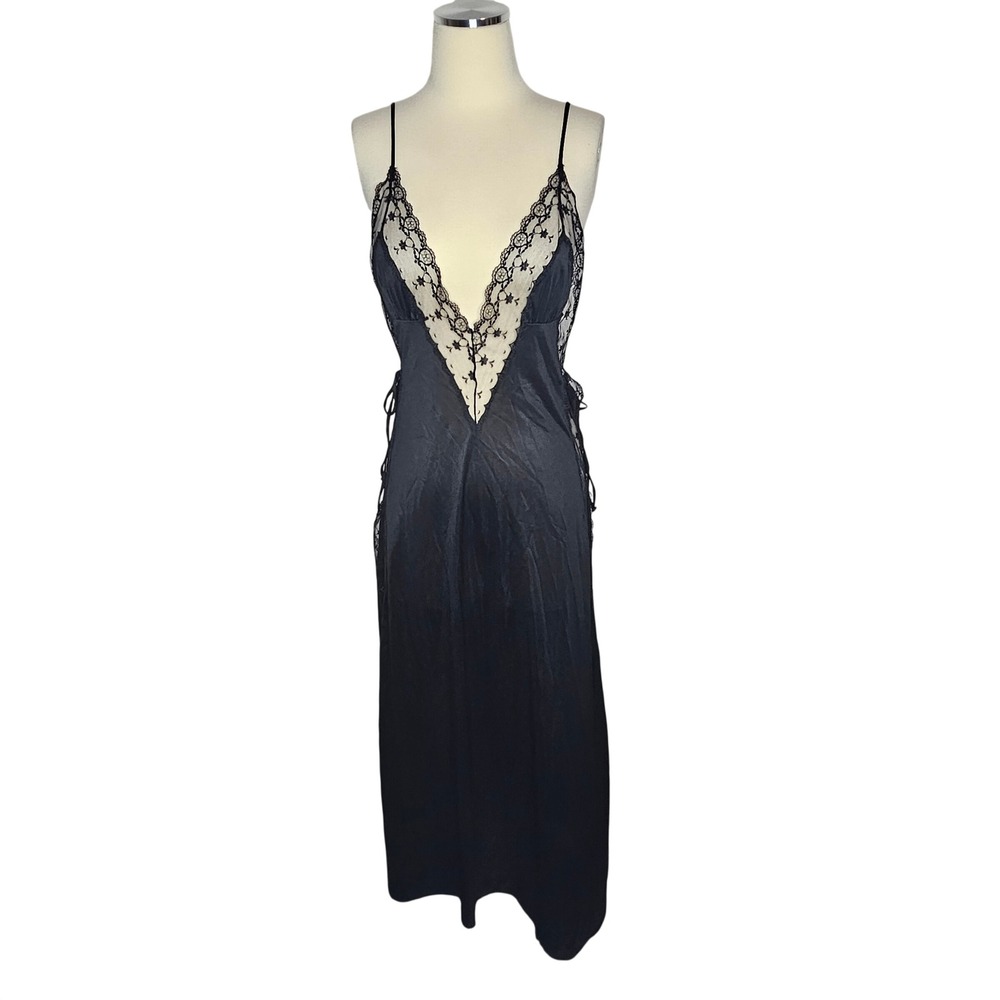 Vintage Kayser Black Lace Trim Nightgown Maxi Enkalure Nylon Open Side Ties Med